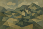 Paysage abstrait aux formes géométriques et couleurs terreuses, style Georges Braque