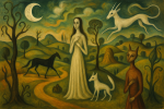 Paysage de campagne étrange dans le style onirique de Leonora Carrington