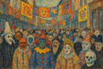 Rue animée décorée de guirlandes, foule masquée, style James Ensor