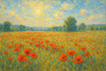 Paysage champêtre avec des coquelicots et ciel lumineux dans le style Monet