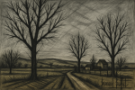 Paysage champêtre avec arbres dépouillés et ciel gris, style Bernard Buffet