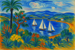 Paysage côtier avec voiliers et végétation colorée, style Raoul Dufy