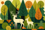 Paysage forestier stylisé avec des formes géométriques, style Charley Harper