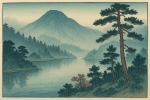 Paysage montagneux ou lac japonais avec brume et arbres, style Hiroshige