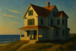 Maison isolée en bord de mer avec lumière rasante, style Edward Hopper