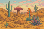 Paysage rocheux avec végétation étrange, ciel pastel, style Moebius