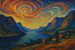 Paysage norvégien aux couleurs vives et formes ondulantes, style Edvard Munch