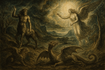 Paysage surnaturel avec des créatures mythologiques dans le style de Blake