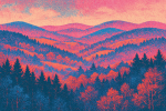 Collines et forêt en style risographie avec couleurs vives