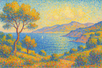 Paysage côtier aux tons lumineux, style Paul Signac