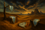 Paysage désertique avec ciel dramatique et montres molles dans le style de Dalí