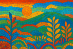 Paysage abstrait avec motifs végétaux stylisés, style Alma Thomas