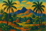 Paysage tropical avec palmiers et montagne dans le style Gauguin
