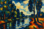 Paysage fluvial avec arbres et reflets dans l'eau, style Maurice de Vlaminck