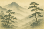 Paysage japonais avec montagnes brumeuses et pins dans le style de Taikan Yokoyama