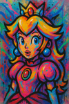 Princesse Peach dessinée en graffiti mural, formes stylisées et couleurs pop