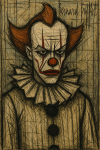 Le clown de Ça représenté avec des lignes acérées et une atmosphère lugubre, style Bernard Buffet