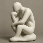 Le Penseur de Rodin réinterprété en formes abstraites minimalistes, style Jean Arp
