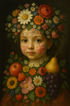 Portrait d'une petite fille composé de fleurs et fruits à la manière d'Arcimboldo