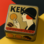 Photographie réaliste d’une boîte à gâteaux métallique sur fond graphique, style Julius Klinger