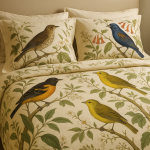 Photographie réaliste d’un lit avec parure ornée de motifs oiseaux et plantes façon Audubon