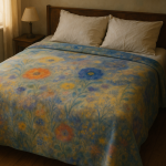 Photographie réaliste d'un lit avec une parure inspirée du style floral et mystique de Redon