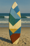 Photographie réaliste d’une planche de surf peinte avec des motifs façon Edward Hopper