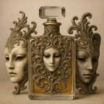 Photographie réaliste d’un flacon de parfum avec des motifs baroques dans le style de Leonor Fini