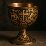 Photographie réaliste d'un calice orné de motifs symbolistes, style Franz von Stuck