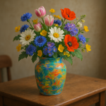 Photographie réaliste d'un vase de fleurs sur une table inspiré du style de Monet