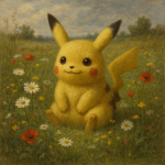 Pikachu dans un champ fleuri, traité en peinture réaliste façon Rosa Bonheur