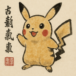 Pikachu peint à l'encre et aquarelle dans le style traditionnel chinois de Qi Baishi