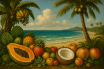 Plage formée d'éléments alimentaires et végétaux dans un style Arcimboldo