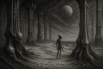 Plage extraterrestre aux structures biomécaniques, style Hans Ruedi Giger