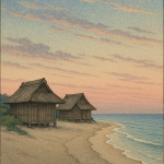 Plage calme avec cabanes en bois et ciel pastel dans le style Hasui Kawase