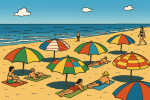 Scène de plage avec parasols et cabines, style ligne claire Hergé