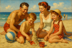 Scène de plage familiale dans les années 50, style Norman Rockwell