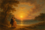 Paysage romantique d'une plage au coucher du soleil dans le style de Fragonard