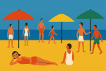 Scène de plage avec parasols et personnages simplifiés