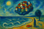 Plage avec mer et village flottant au-dessus, style Marc Chagall