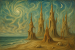 Plage étrange avec tours organiques et ciel irréel, style Remedios Varo