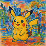 Pikachu dans un paysage urbain coloré, réinterprété style Raoul Dufy