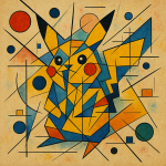 Personnage pop culture comme Pikachu transformé en composition abstraite géométrique style Kandinsky