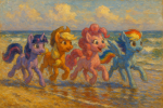 Personnages de My Little Pony courant sur une plage