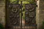 Photographie réaliste d’une porte de jardin ornée de reliefs sculptés façon Rodin