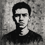 Portrait d'un jeune homme peint au pochoir sur un mur, style Banksy