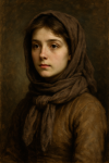 Portrait réaliste d'une jeune femme avec un foulard, style Rosa Bonheur