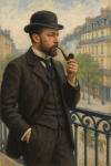 Homme en costume fumant une pipe sur un balcon, style Gustave Caillebotte