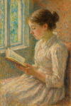 Portrait impressionniste d'une jeune femme lisant, style Mary Cassatt