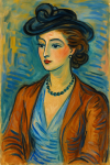 Portrait d'une femme élégante avec lignes fluides et couleurs vives, style Raoul Dufy